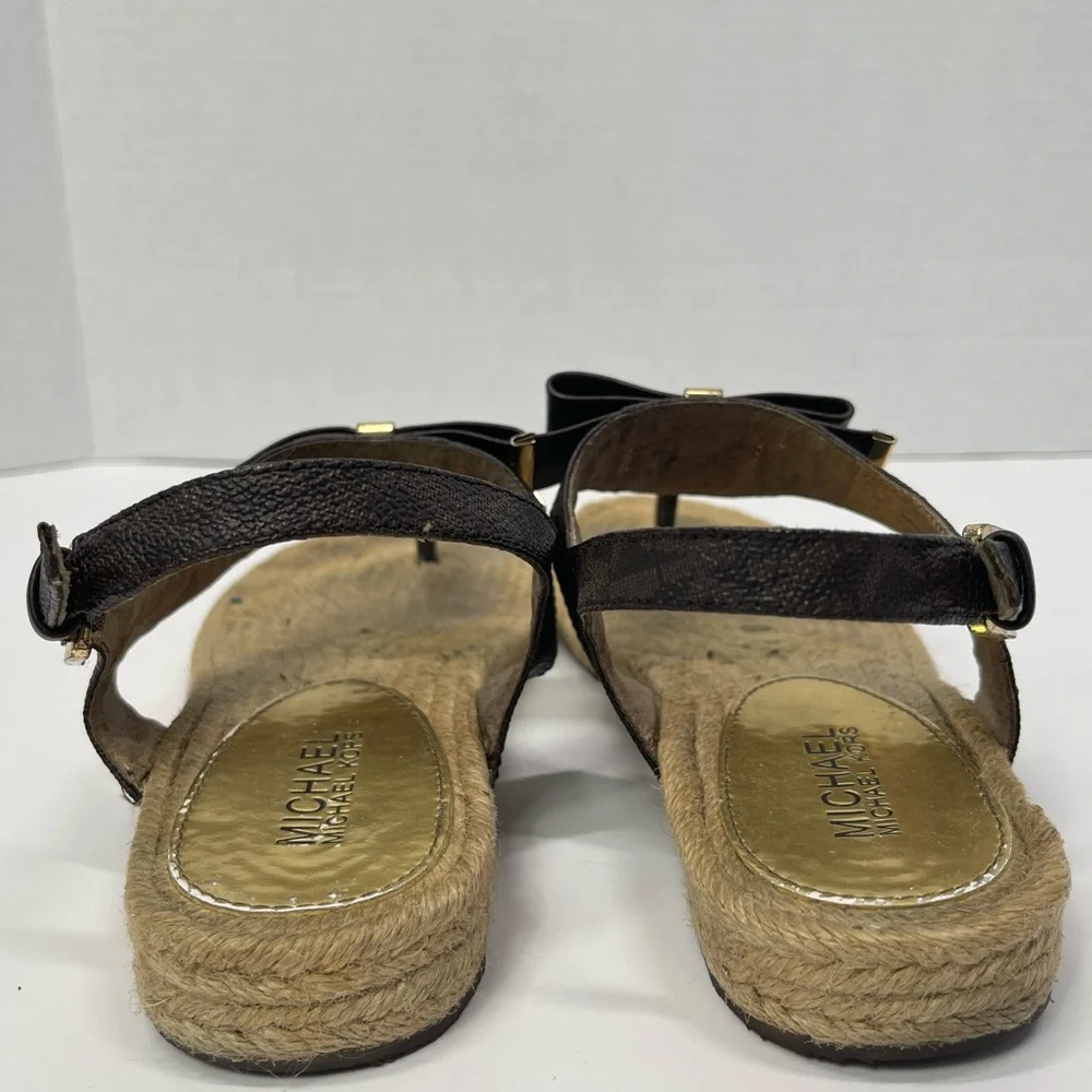 Michael Kors Espadrille Thongs Sandals Gold Brown Bow Flat Sandal Boho Vacation